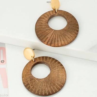 Very Carrot Etched Donut Shape Wood Drop Earring with Round Stud