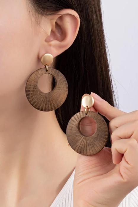 Very Carrot Etched Donut Shape Wood Drop Earring with Round Stud