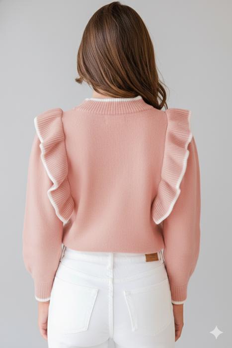 Love Kuza - Rosy Ruffle & Bow Knit Sweater