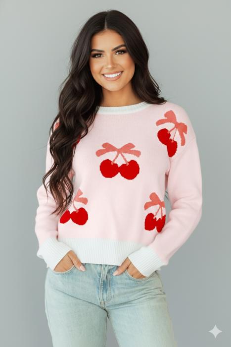 Love Kuza - Bow & Berry Cherry Knit Sweater