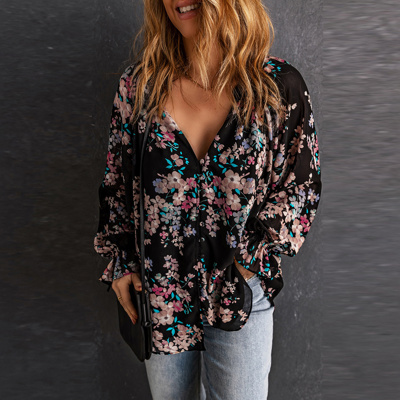 - Midnight Blossom Ruffle Blouse