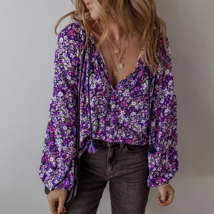Love Kuza - Violet Bloom Tassel Blouse