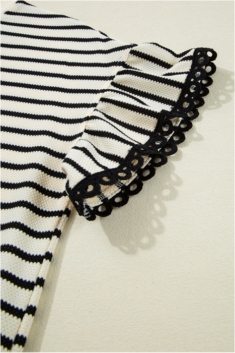 <.> - Mono Stripe Lace Flutter Top