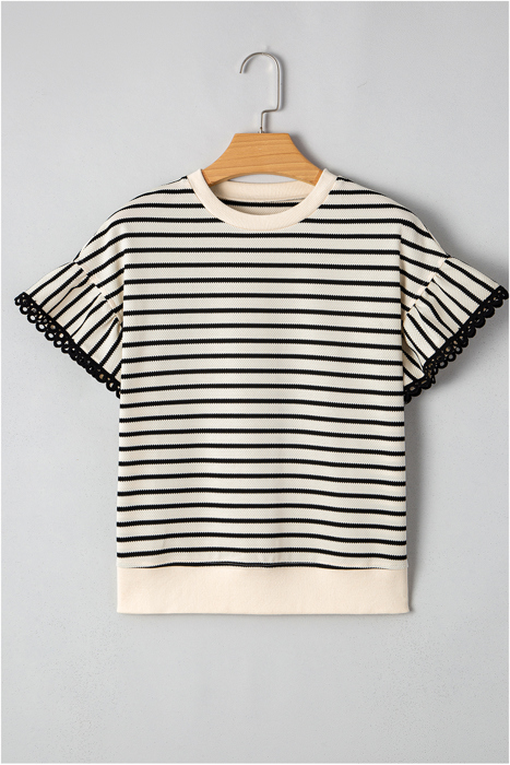 <.> - Mono Stripe Lace Flutter Top