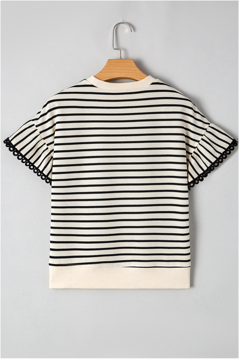 <.> - Mono Stripe Lace Flutter Top