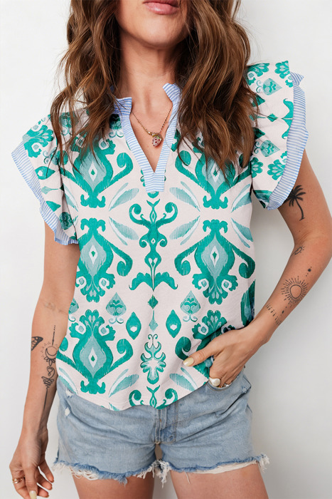 - Turquoise Ikat Ruffle Blouse