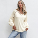 Love Kuza - Cream Ridge V-Neck Pullover