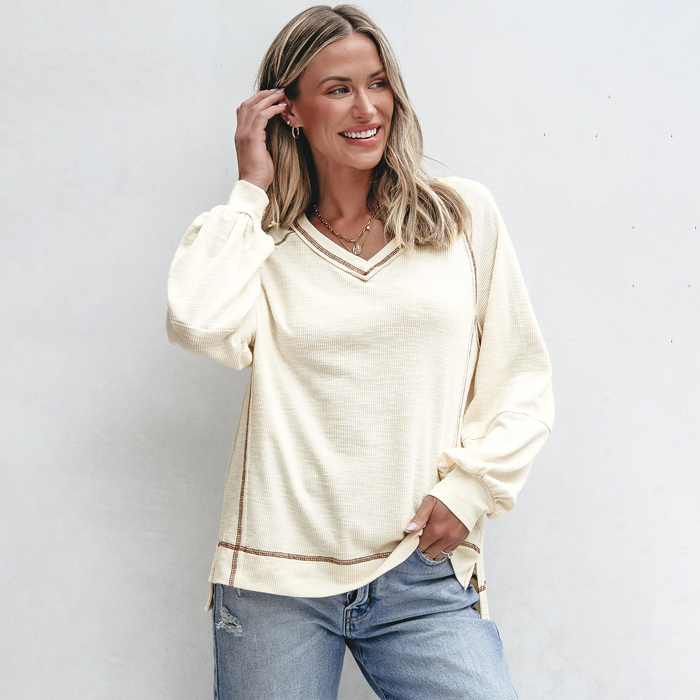 Love Kuza - Cream Ridge V-Neck Pullover