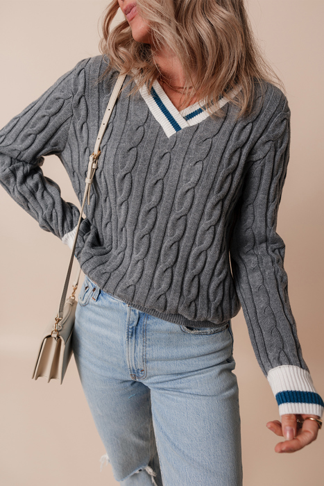 Love Kuza - Varsity Charm Cable Knit Sweater
