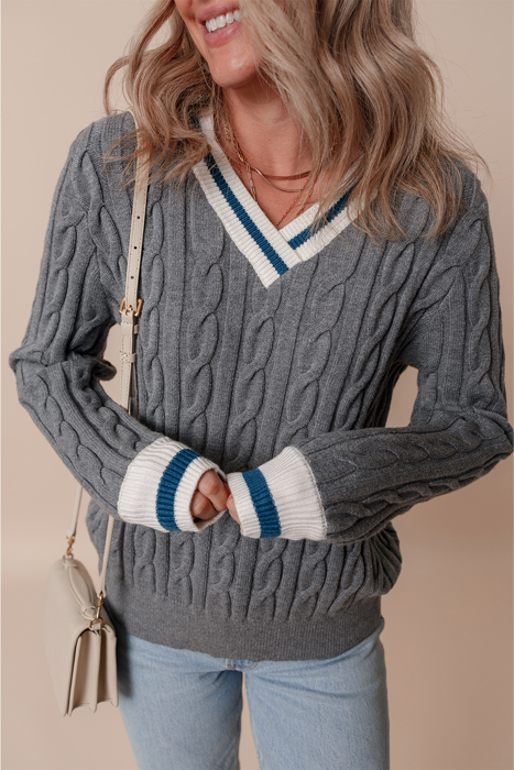 Love Kuza - Varsity Charm Cable Knit Sweater