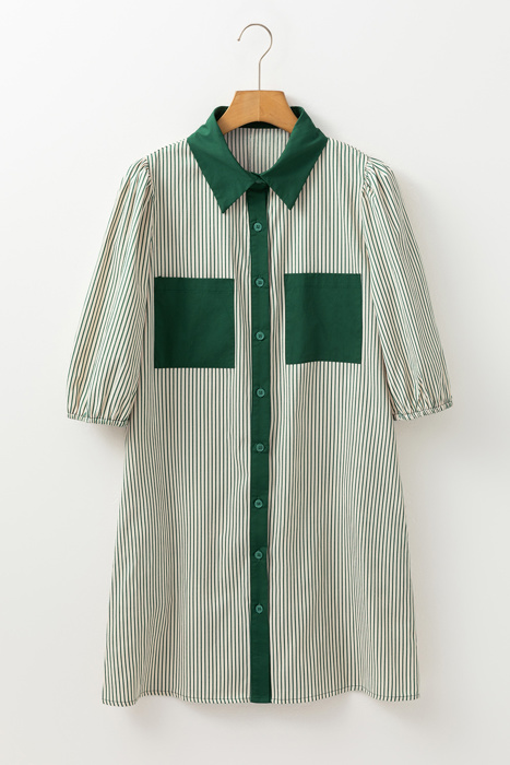 <.>- Sage Stripe Pocket Shirt Dress
