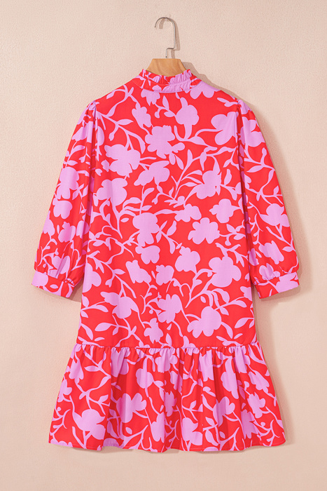 <.>- Coral Peony Ruffle Mini Dress
