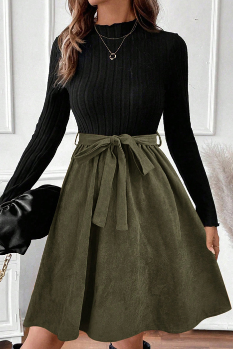 Love Kuza - Olive Grace Knit Belted 1 Piece Dress (Top included)