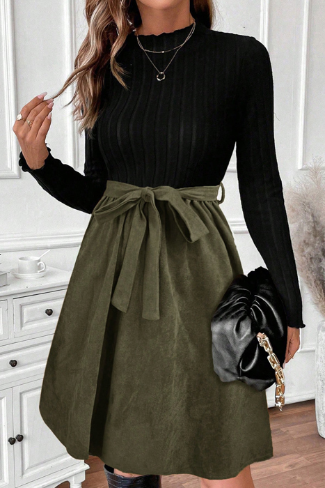 Love Kuza - Olive Grace Knit Belted 1 Piece Dress (Top included)
