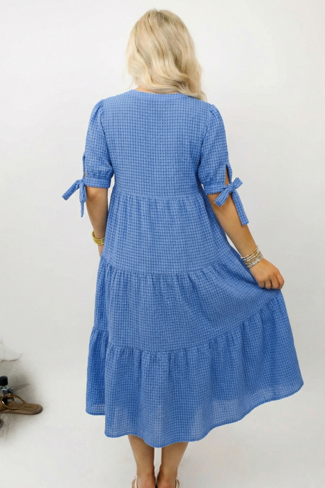 <.>- Sky Gingham Tie-Sleeve Midi Dress