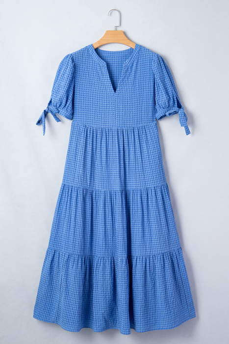 <.>- Sky Gingham Tie-Sleeve Midi Dress