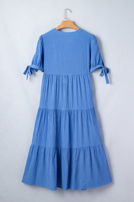 <.>- Sky Gingham Tie-Sleeve Midi Dress