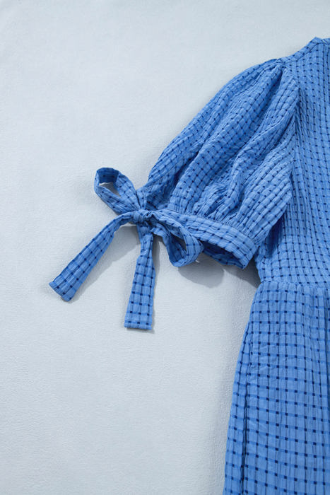 <.>- Sky Gingham Tie-Sleeve Midi Dress