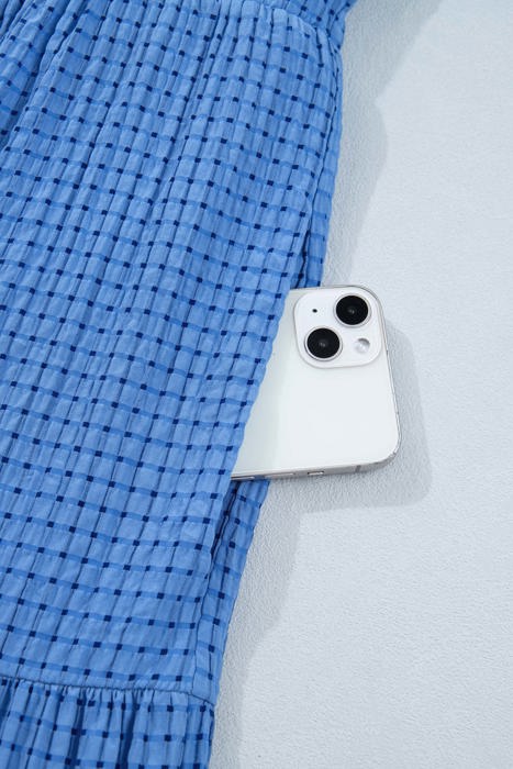 <.>- Sky Gingham Tie-Sleeve Midi Dress