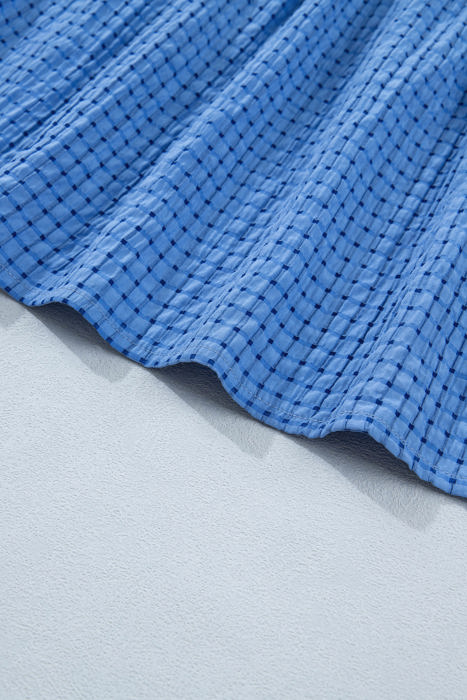 <.>- Sky Gingham Tie-Sleeve Midi Dress