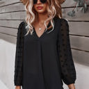 Black Small Love Kuza Dotted Sleeves V-Neck Blouse