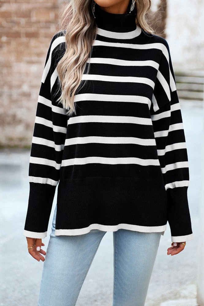 Love Kuza High Neck Striped Cozy Sweater