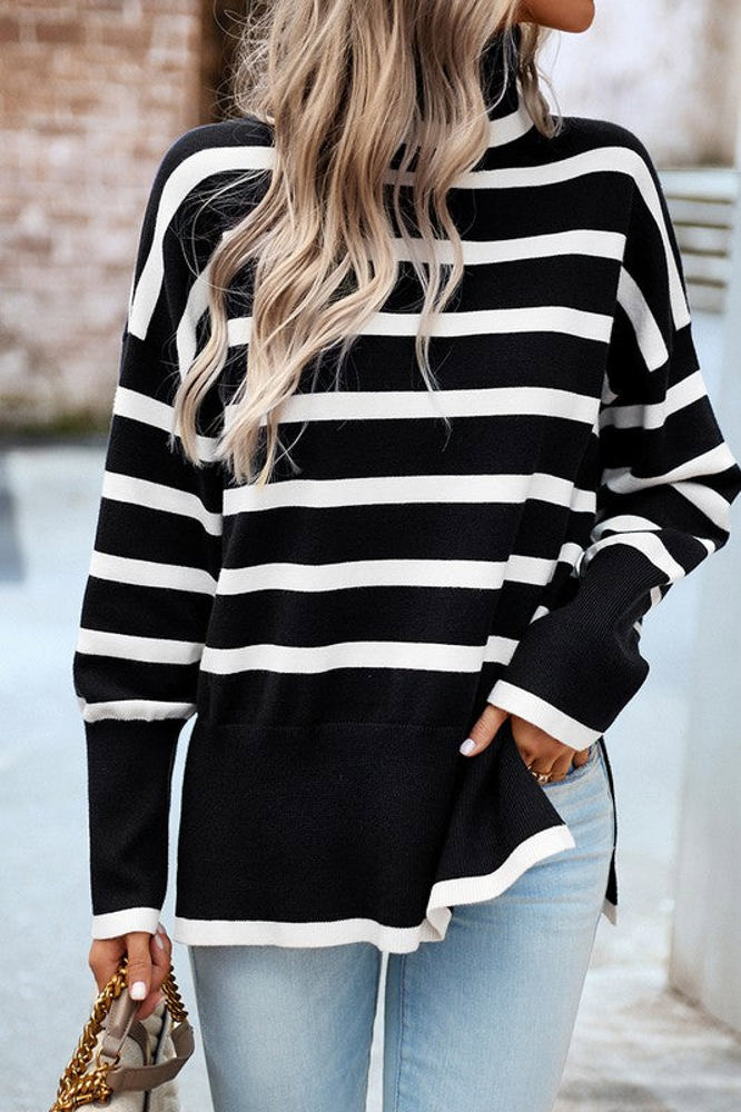 Love Kuza High Neck Striped Cozy Sweater