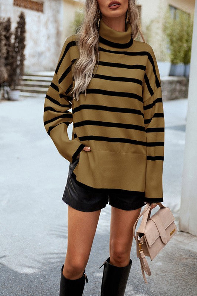 Love Kuza High Neck Striped Cozy Sweater