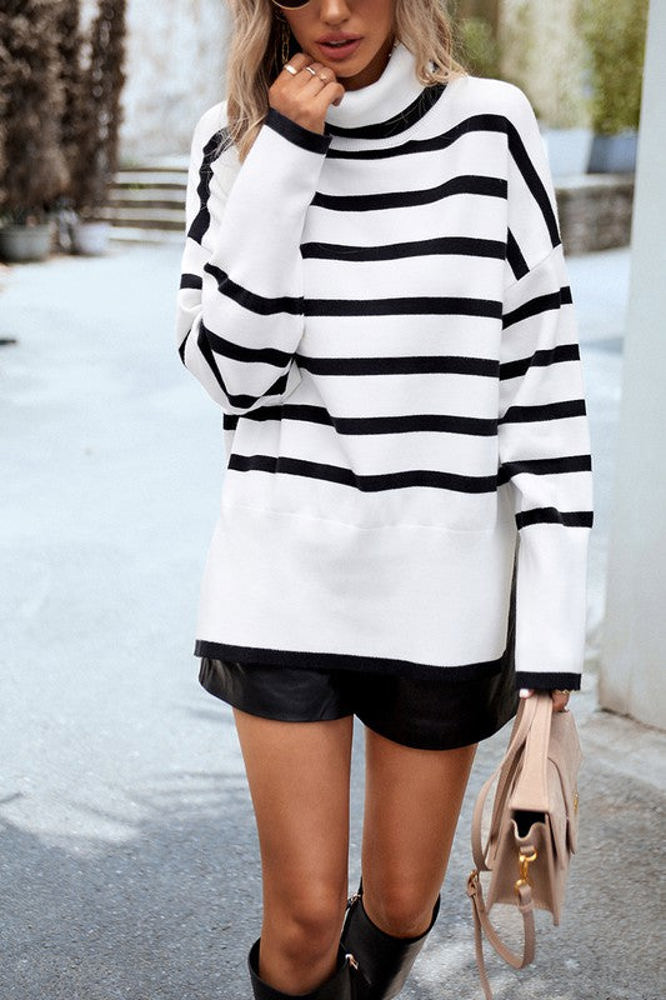 Love Kuza High Neck Striped Cozy Sweater