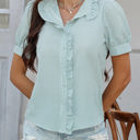 Green Small Love Kuza Ruffle Charm Seersucker Blouse
