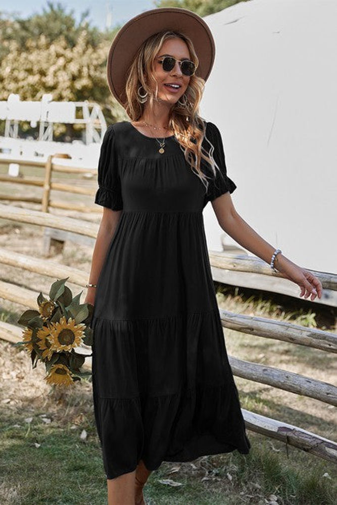 Love Kuza Bell Sleeves Easy Tiered Midi Dress