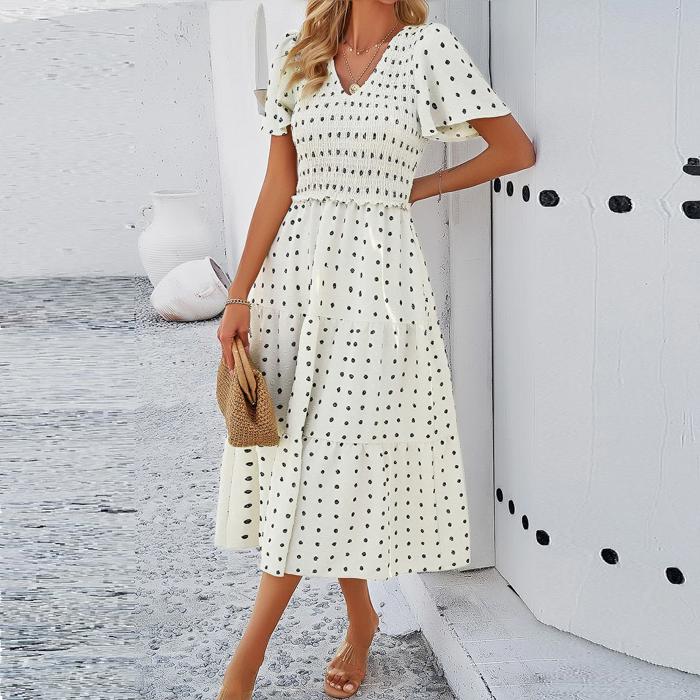 Love Kuza Dotted Smocked Tiered Midi Dress