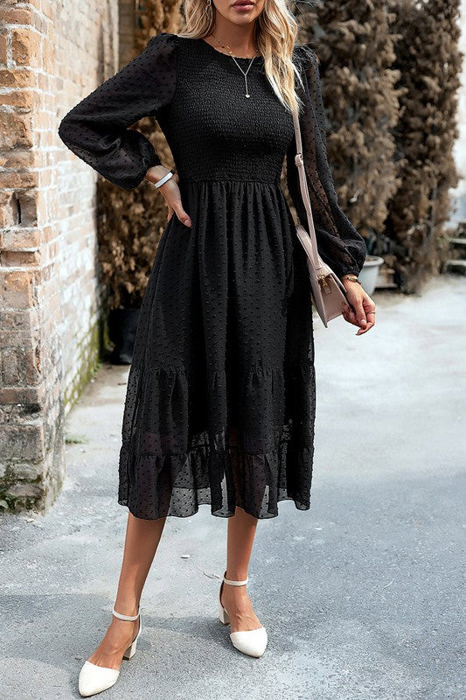 Love Kuza Long Sleeves Dotted Smocked Tiered Midi Dress