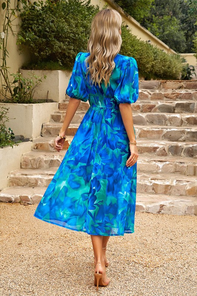 Love Kuza Bold Prints Puffy Sleeves Midi Dress