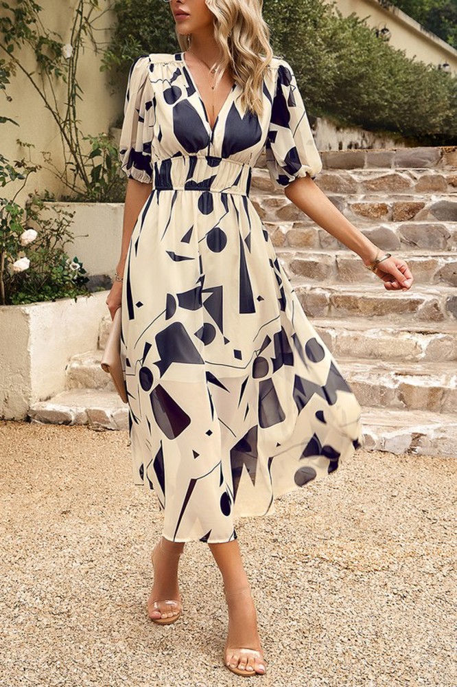 Love Kuza Bold Prints Puffy Sleeves Midi Dress