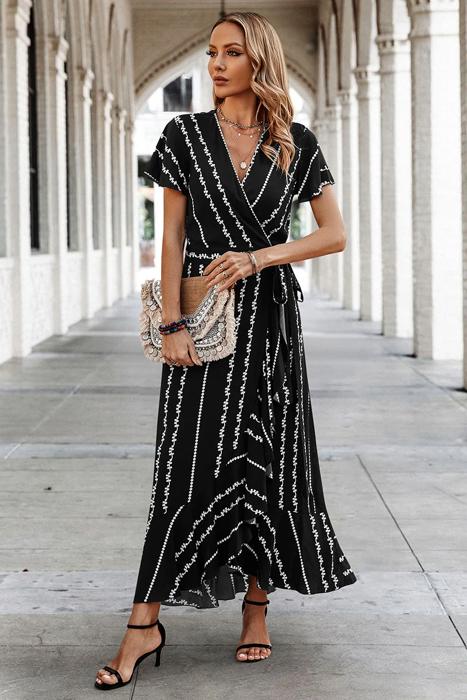 Love Kuza Geo Stripe Ruffled Maxi Wrap Dress