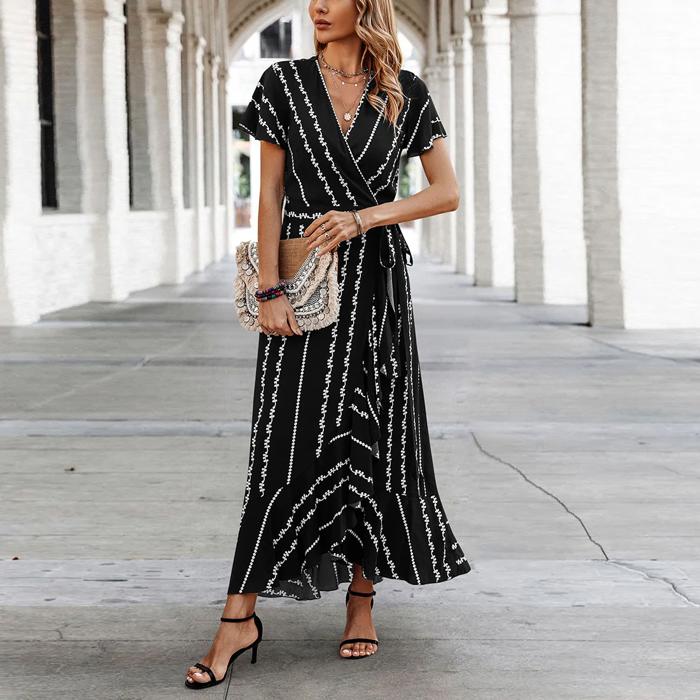 Love Kuza Geo Stripe Ruffled Maxi Wrap Dress