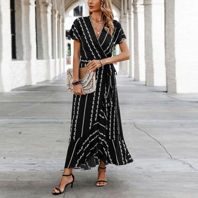 Love Kuza Geo Stripe Ruffled Maxi Wrap Dress