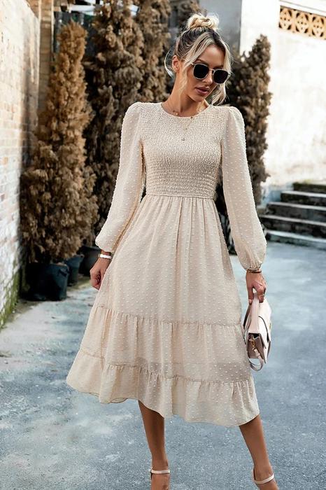 Love Kuza Long Sleeves Dotted Smocked Tiered Midi Dress