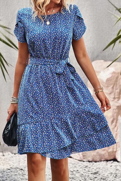 Love Kuza Ditsy Floral Tie Waist Ruffled Dress