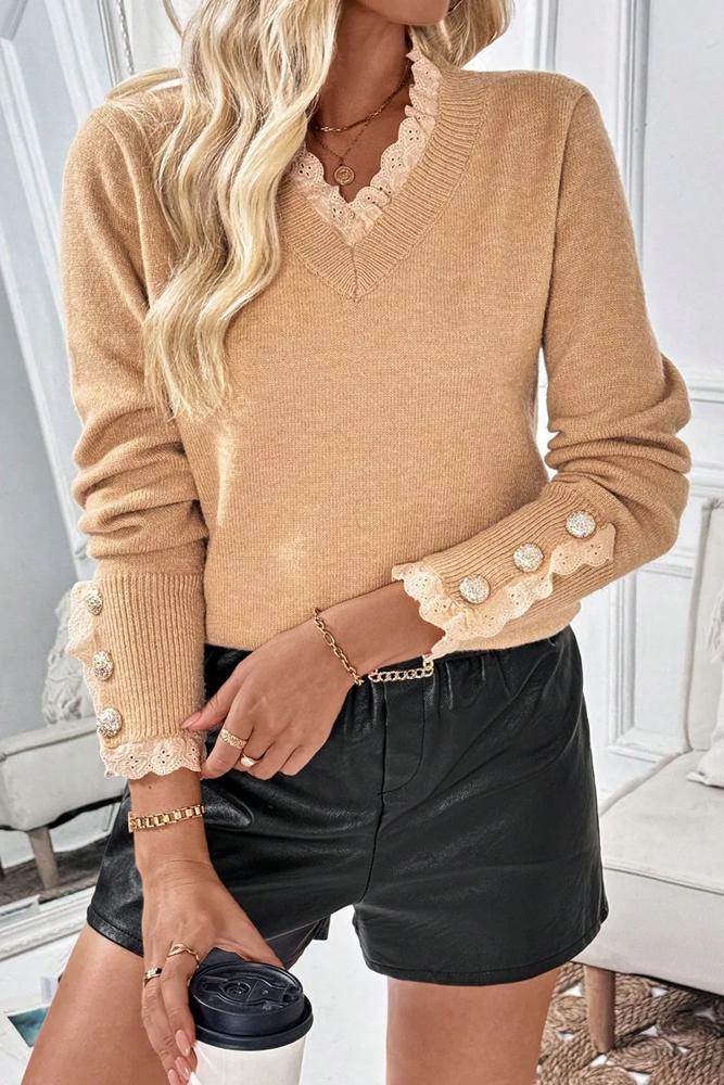 Love Kuza Lace-Trim Cozy Knit Pullover