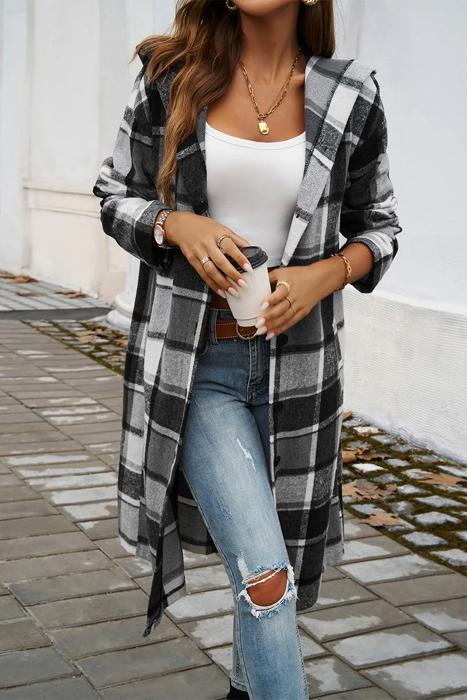 Love Kuza Cool Grey Plaid Trails Hooded Shirt Jacket