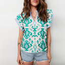   - Turquoise Ikat Ruffle Blouse