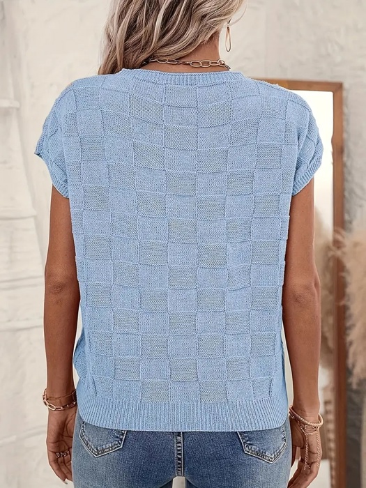 Love Kuza Breezy Check Knit Cap Sleeve Top