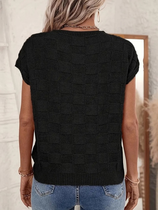 Love Kuza Breezy Check Knit Cap Sleeve Top