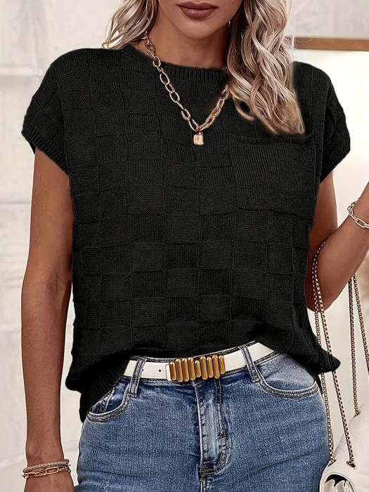 Love Kuza Breezy Check Knit Cap Sleeve Top