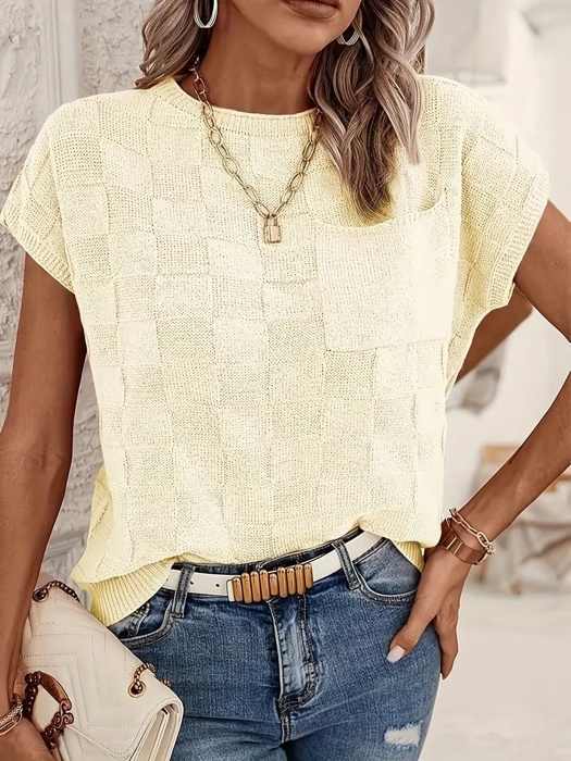 Love Kuza Breezy Check Knit Cap Sleeve Top