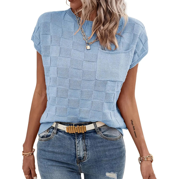 Love Kuza Breezy Check Knit Cap Sleeve Top