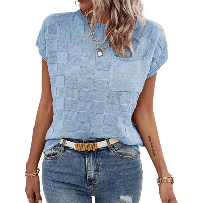 Love Kuza Breezy Check Knit Cap Sleeve Top