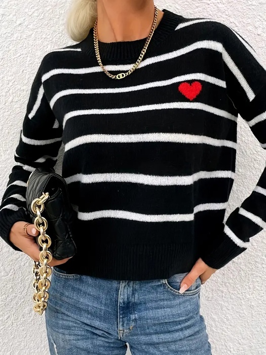 Love Kuza Heart Stripe Crew Neck Sweater